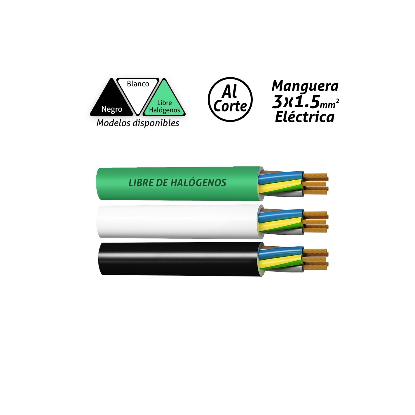 Cable al corte metros Manguera 3x1,5 mm verde. Libre de Halógeno RZ1-K (AS)  1KV -CPR
