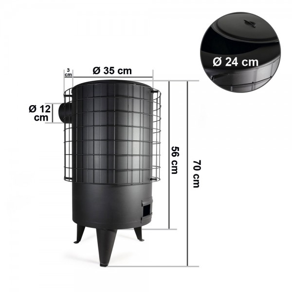 Estufa de leña redonda pequeña, barata, de hierro, 6.3 Kw conducto de 120mm  acabada en color negro